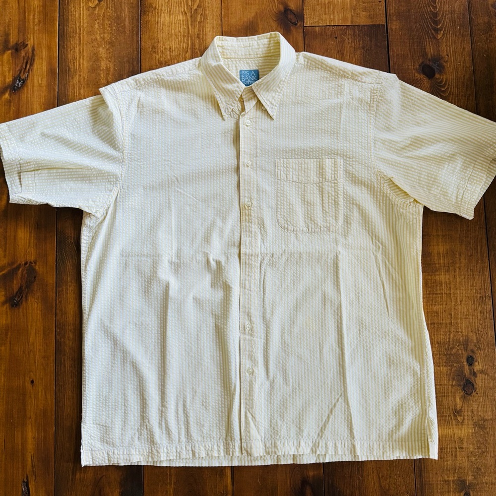 Jos A Bank Shirt Mens XL Yellow Striped Seersucker Short Sleeve Button Up